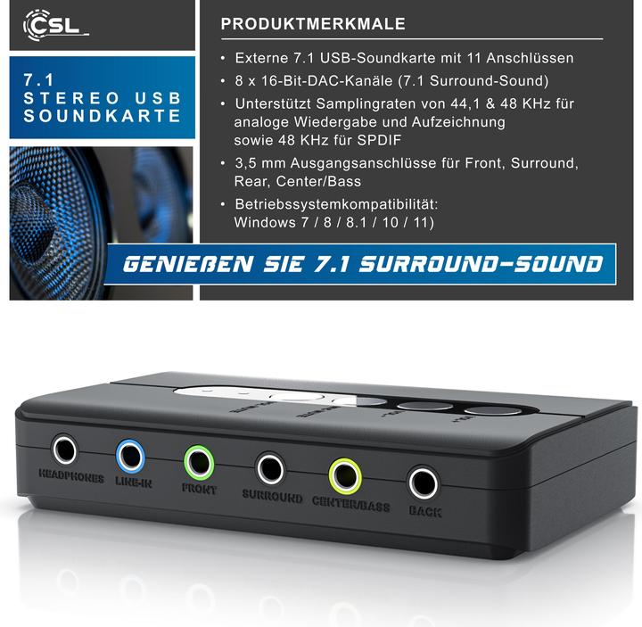 Actual product image CSL external USB sound card, 7.1 surround sound, stereo audio adapter, for PC - Win 10, 11 (USB)