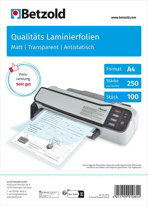 Betzold Boîte en carton avec 100 feuilles de plastification mates, DIN A4, 250 mic. (A4, 100 pièce(s), 250 µm)