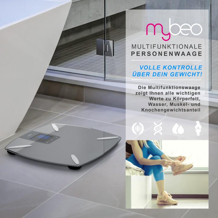 Actual product image Mybeo Digital body fat scale made of glass, personal scale, determination of body fat, water percentage (180 kg)