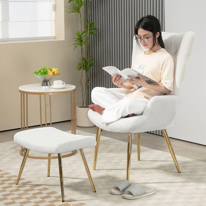 Produktbild Swisshandel24 Ohrensessel mit Hocker, Sessel mit Sherpa-Bezug, Hohe Rückenlehne, Weiss