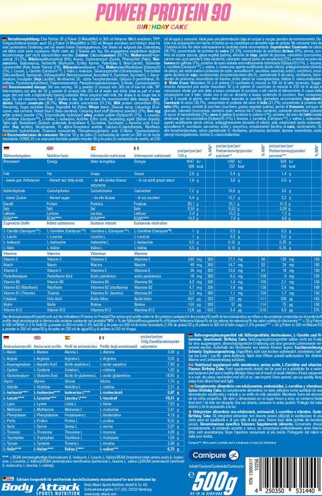 Nährwerte und Zutaten Body Attack New Power Protein 90 (500g Beutel) (Pistache, 1 Stk., 500 g)