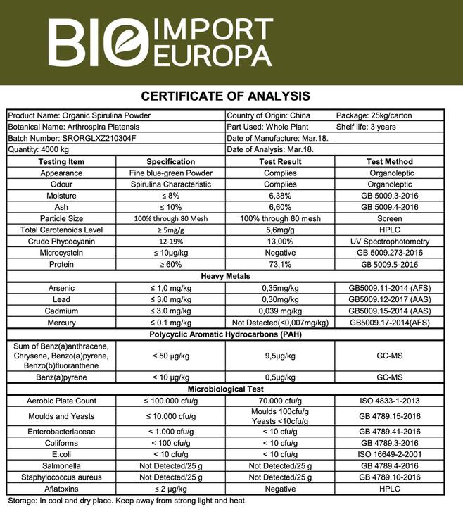 Nährwerte und Zutaten Zimmerli Adaptogene Spirulina Pulver (BIO) (1 Stück, Pulver, 100 g)