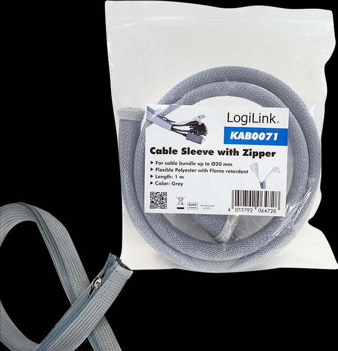 Produktbild LogiLink Kabelschlauch mit Reißverschluss, 1,0 m, grau aus Polyester, abrieb-, zugfest und verformungsbeständ (Kabelschlauch, 100 cm)
