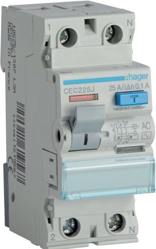 Hager 2P 25A 0,1A RCD Typ AC (CEC225J)