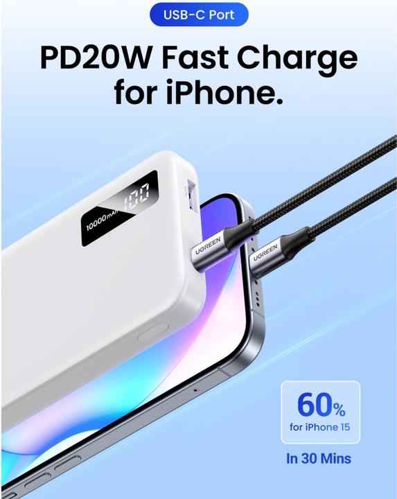Produktbild Ugreen 10000mAh Two-way Fast Charging Powerbank White (10000 mAh, 22.50 W, 38.20 Wh)