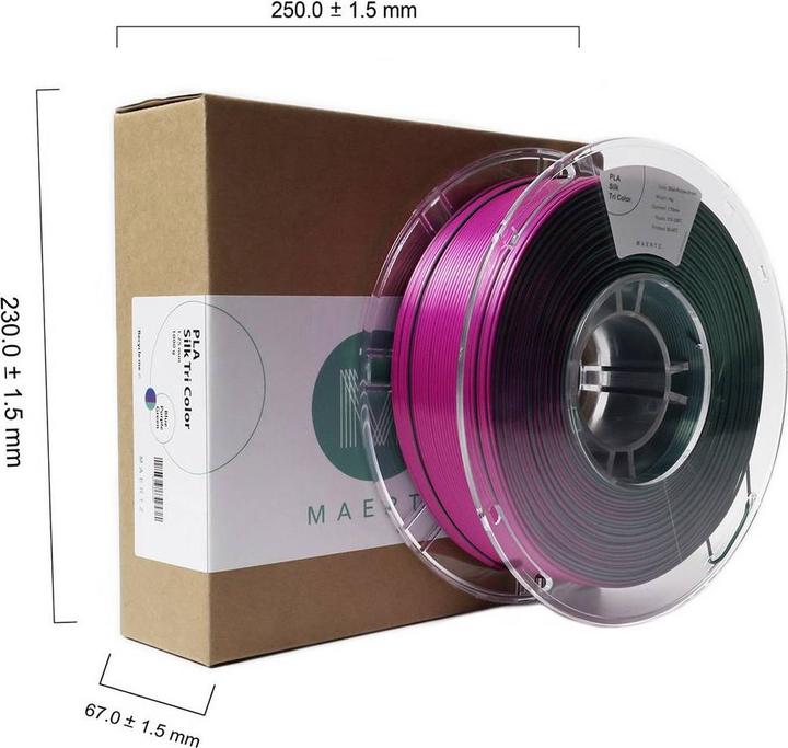 Actual product image Maertz PMMA-1022-001 PMMA-1022-001 Filament PLA Silk Silky glossy 1.75 mm 10 (PLA, 1.75 mm, 1000 g, Blue, Green, Violet)