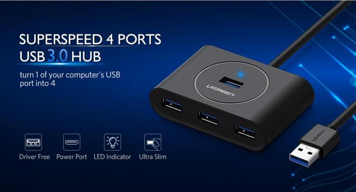 Produktbild Ugreen 4-Port USB Hub mit 4x USB 3.0 Anschlüssen (USB-A, 4 Ports)
