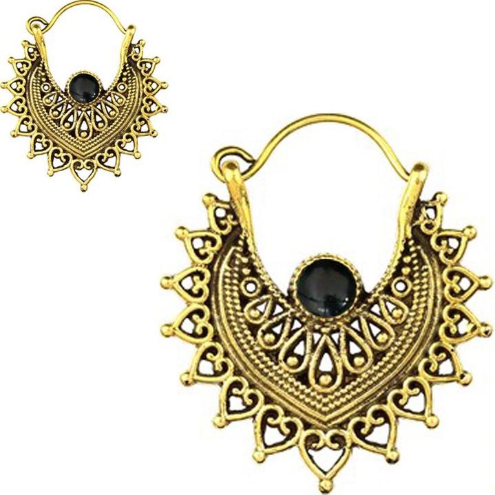 Star Piercing Ohrring vergoldet Filigrane Herzen mit Onyx Stein (Messing, Mineralisch)