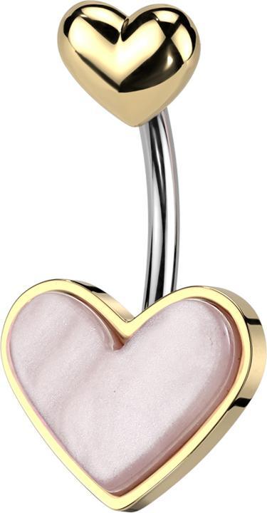 Produktbild Star Piercing Banane silber mit zwei Herzen vergoldet Perlmutt pink (Messing, Chirurgenstahl 316L, Organisch)