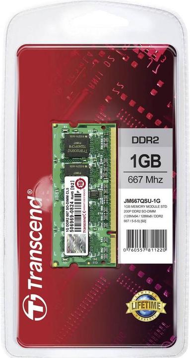 Produktbild Transcend JetRAM DDR2 (1 x 1GB, 667 MHz, DDR2-RAM, SO-DIMM)