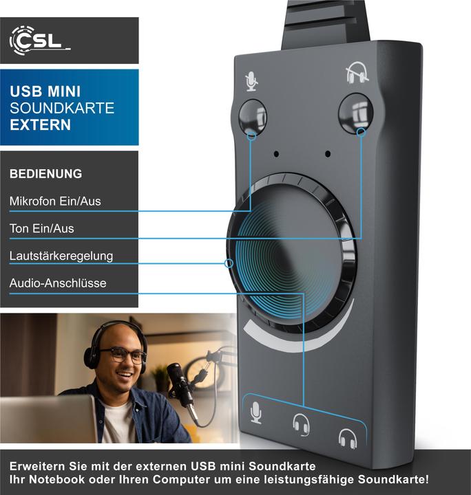 Image du produit CSL Carte son USB son surround, mini carte son externe USB avec contrôle du volume (USB 2.0)