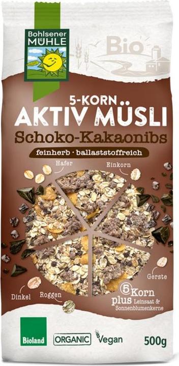 Produktbild Bohlsener Mühle 5-Korn Aktiv Müsli Schoko-Kakaonibs Bio (500 g)