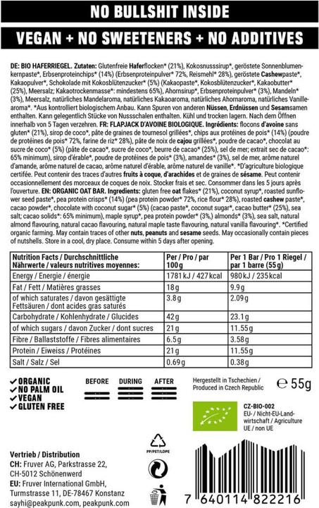 Valeurs nutritives et ingrédients Peak Punk Bio High-Protein Bar (Chocolat, Pois, Noix de cajou, Sarrasin, Avoine, 1 pcs, 55 g)