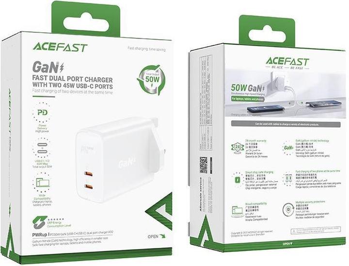 Actual product image Acefast GaN charger (UK plug) 2x USB Type C 50W, Power Delivery, PPS, Q3 3.0, AFC, FCP (A32 UK) (50 W)