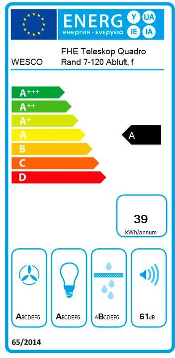 Energie-Label Wesco FHE Teleskop Quadro Rand 7-120 Abluft für Haubenhöhe 615 - 945 mm (4012832-010)