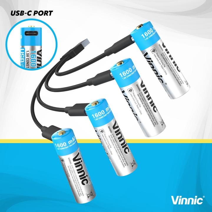 Actual product image Vinnic Rechargeable Battery AA USB-C 1600mAh 4pcs incl. Case&Charging Cable (4 pcs., AA, 1600 mAh)