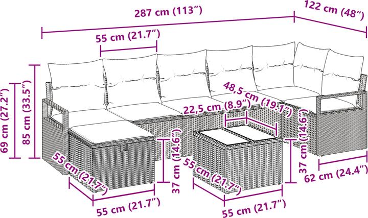 Image du produit VidaXL Ensemble de 8 canapés de jardin avec coussins Poly-Rattan brun