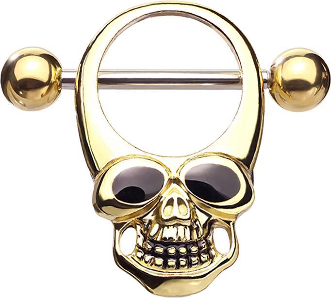 Produktbild Star Piercing Barbell silber mit zwei Kugeln vergoldet Totenkopf (Chirurgenstahl 316L, Messing)