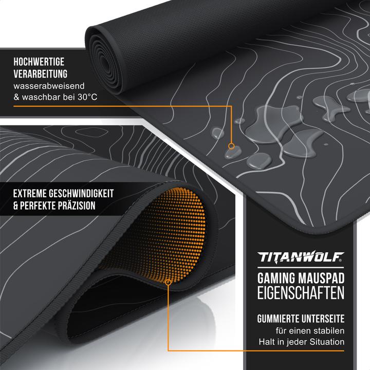 Produktbild Titanwolf Gaming Mauspad XXL, glattes Stoffgewebe, Speed Mausmatte 900 x 400 mm grosse Fläche, Topography (XXL)