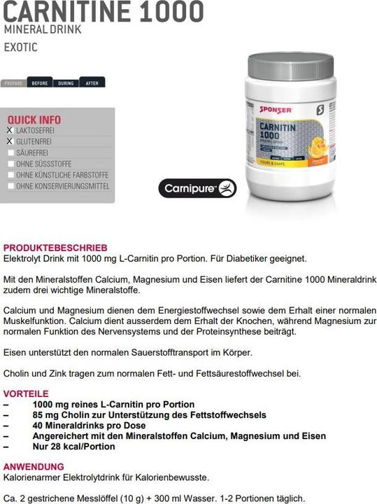 Nährwerte und Zutaten Sponser Carnitin 1000 (Elderberry, Lemon, 1 Stk., 400 g)