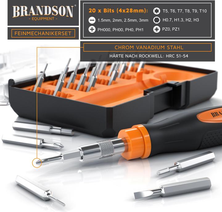 Produktbild Brandson Schraubendreher Set 21-teilig, Minibits, Schlitz, Kreuzschlitz, Innensechskant, Torx, Feinmechaniker (Pozidriv-Kreuzschlitz (PZ), Pin-torx, Phillipps-Kreuzschlitz (PH), Schlitz)