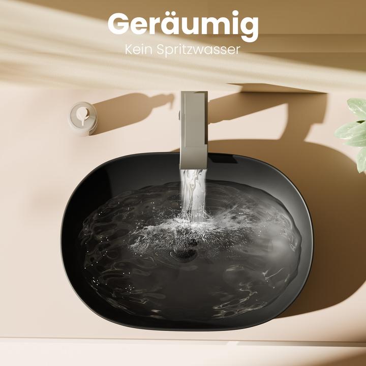 Actual product image Emke Countertop washbasin, 600 x 415 x 135 mm, ceramic, rounded rectangle, matt black (415 mm, 600 mm)