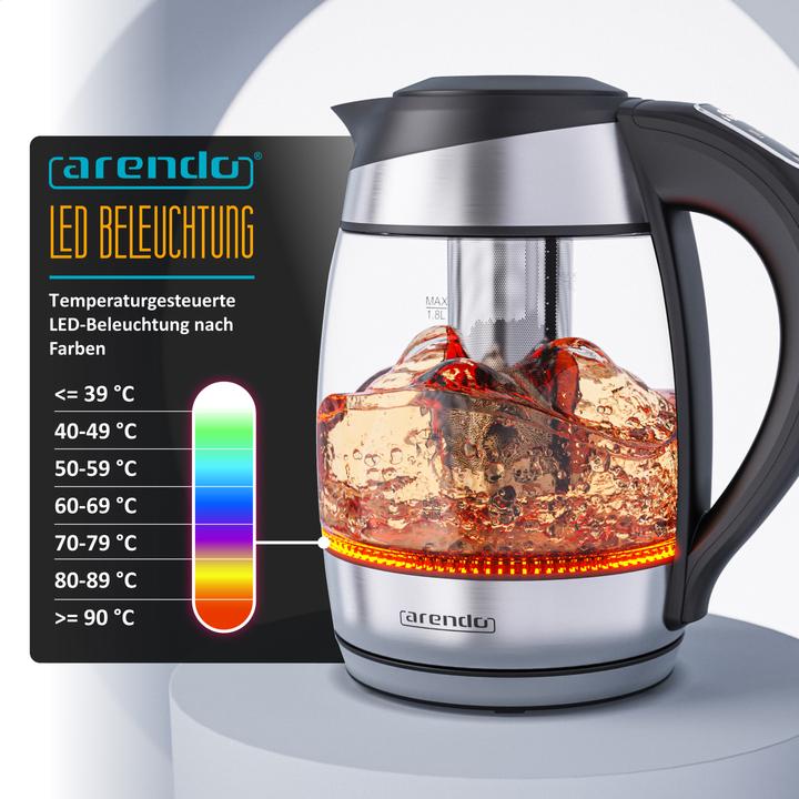 Actual product image Arendo Wasserkocher 1,8 L aus Glas & Edelstahl mit Temperatureinstellung & Teesieb, Teekocher 2200 W (1.80 l)