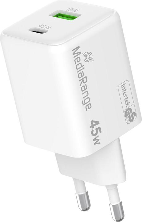 Immagine prodotto MediaRange Caricabatterie 43W a 2 porte 1x USB-A/1x USB-C GaN, bianco (45 W)