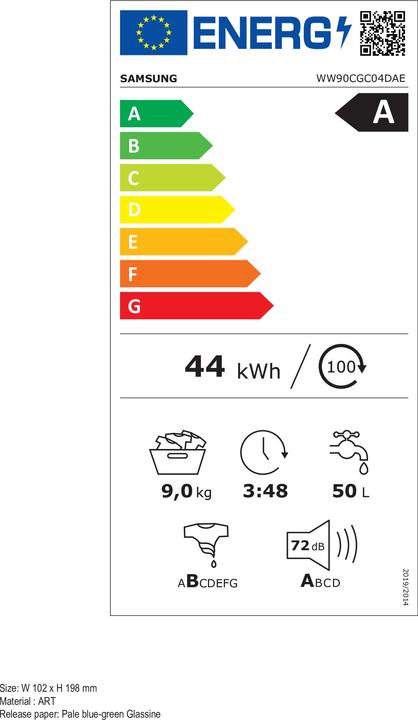 Label énergétique Samsung WW90CGC04DAE (9 kg, Gauche)