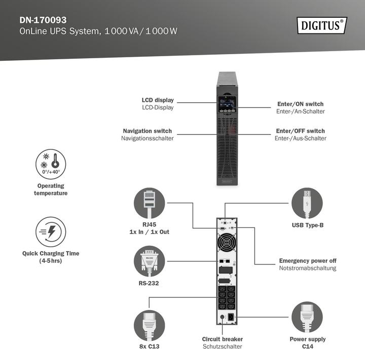 Produktbild Digitus OnLine USV-System, 1000 VA/ 1000 W (1000 VA, 1000 W, Online-Doppelwandler USV)