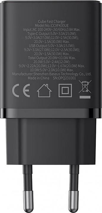 Actual product image Baseus Cube, 30W, 2.4A, 1 x USB-A - 1 x USB-C, black (30 W)