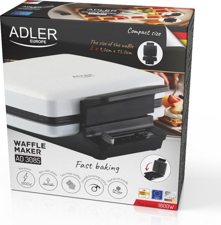 Image du produit Adler Gaufrier Toster | AD 3085 | 1200 W | Nombre de pâtes 2 | Gaufre | Blanc (Prise UE)