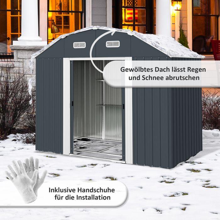 Immagine prodotto Swisshandel24 Gerätehaus Stahl 2,7m² UV-Schutz 2 Schiebetüren Regal Fundament Dunkelgrau 238x132x198,5cm