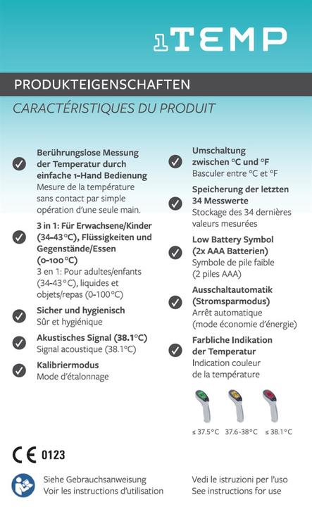 Image du produit 1Temp thermomètre infrarouge 3-en-1 (Front, Sans contact)
