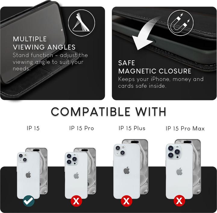 Actual product image Nalia Genuine leather flip case cover with magnetic fastener (Apple iPhone 15)