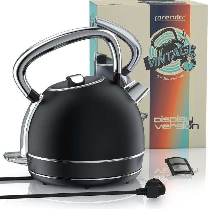 Produktbild Arendo Wasserkocher 1,7 l, 2200W, Edelstahl Retrostyle Vintage, LED Anzeige, Temperatureinstellung, Schwarz (1.70 l)