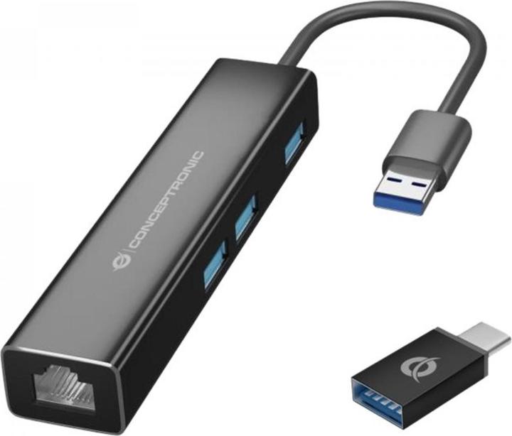Image du produit Conceptronic Adaptateur USB3.0-> RJ45,3xUSB3.0,TypC Ad 0.15m sw (USB-A, USB-C, 3 Ports)