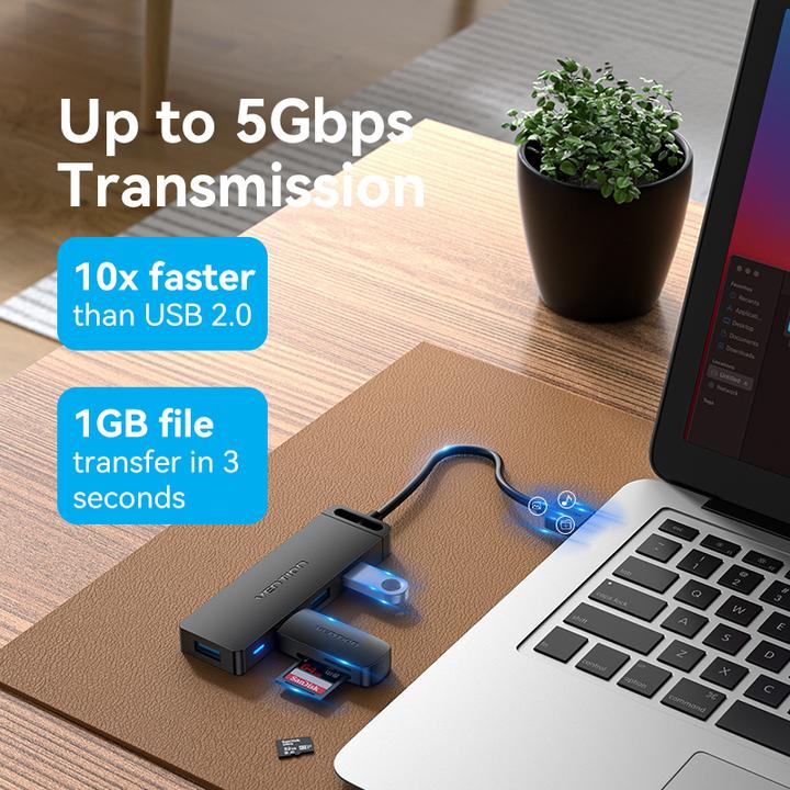 Actual product image Vention USB 3.0 4-Port Hub with Power Adapter CHLBF 1m, Black (USB-C, 4 Ports)