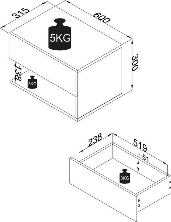 Immagine prodotto VCM Comodino con cassetto a muro in legno Comodino con cassetto a muro Consolle da letto Usal XL 60 cm (60 x 32 x 30 cm)