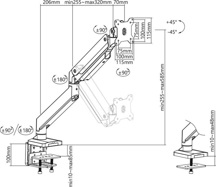 Actual product image Digitus Universal Single Monitor Mount with Gas Spring and Clamp Mount (Table, 35")