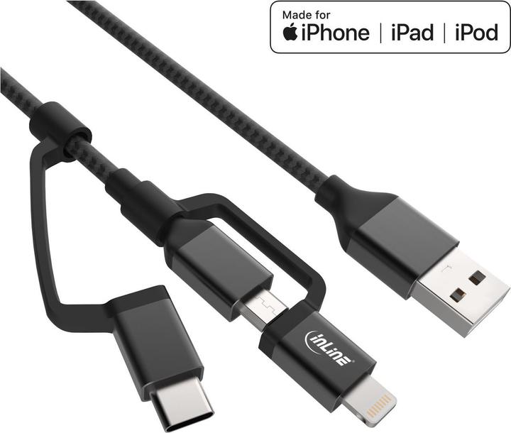 Immagine prodotto InLine Cavo USB 3in1 Cavo USB A maschio a Micro-USB Tipo C e Lightning 1,5m nero (1.50 m, USB 2.0)
