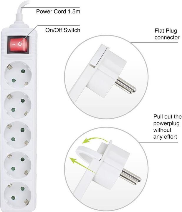 Immagine prodotto Power strip with illuminated switch and flat plug, 5 sockets, 1.5 m, white (5 x, CEE 7/3, 1.50 m)