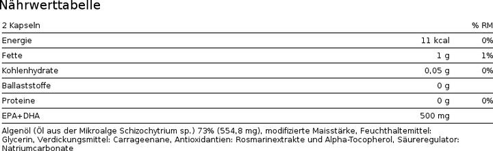 Valori nutrizionali e ingredienti Phytopharma Omegan 3 Capsule di olio d'alga vegano (1 Pezzo/i, Pillole, 75 g)