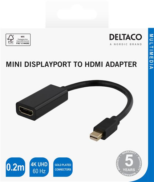 Produktbild Deltaco 00110024 video cable adapter Mini DisplayPort HDMI Black (Mini DP, HDMI, 20 cm)