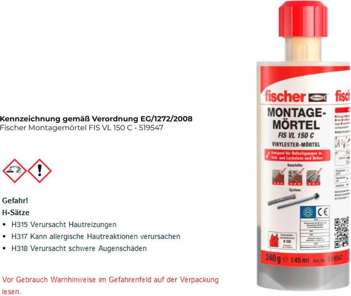 Actual product image Fischer Installation mortar FIS VL 150 C