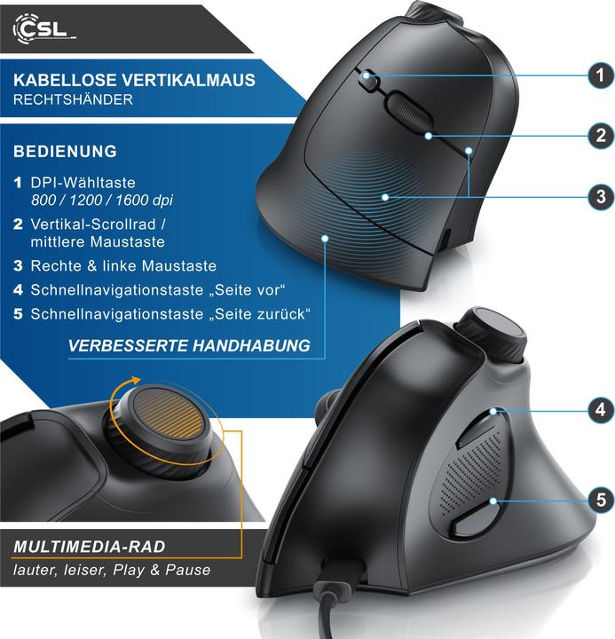 Produktbild CSL Kabellose Vertikalmaus, 2,4 GHz Funk, 250dpi, ergonomische Wireless Maus, ggegen Mausarm / Tennisarm (Kabellos)