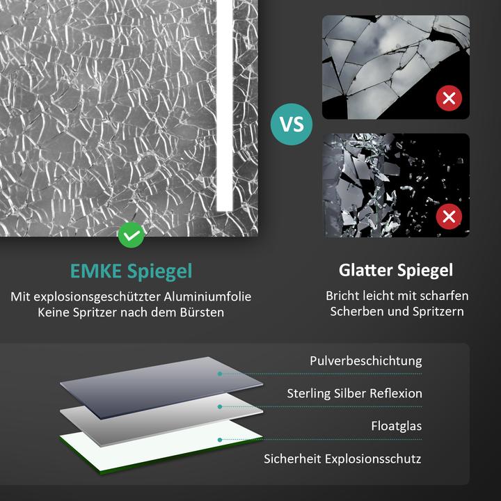 Produktbild Emke Badspiegel mit Beleuchtung 40*60cm, Kaltweiss6500K, Dimmbar, Wand Schalter