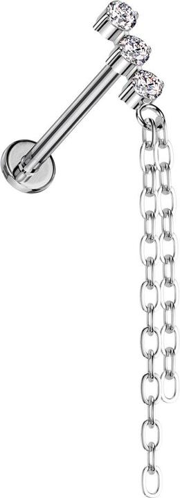 Image du produit Star Piercing Micro Labret femelle argenté trois cristaux argenté pendentif deux chaînes (Titane G23, sans laiton)