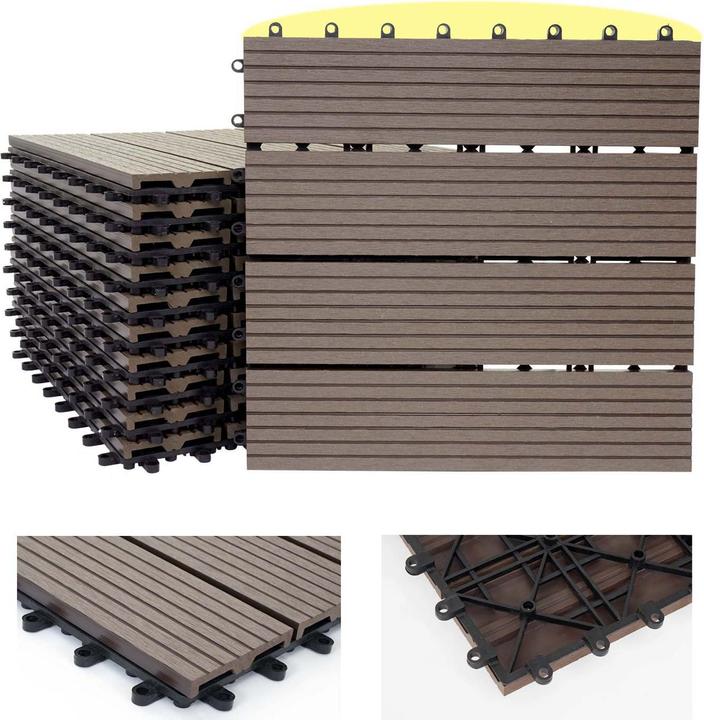 Actual product image Swisshandel24 WPC floor tile Rhone, wood look balcony/terrace, 11x each 30x30cm = 1sqm base, coffee linear (11 x, 30 x 30 cm)