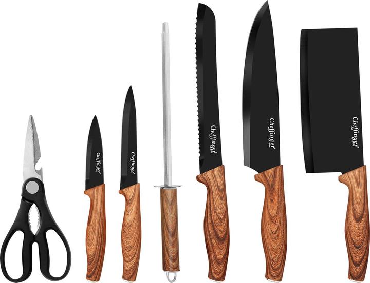 Produktbild Cheffinger 7-teiliges Messerset mit Griffen in Holzoptik und Halterung